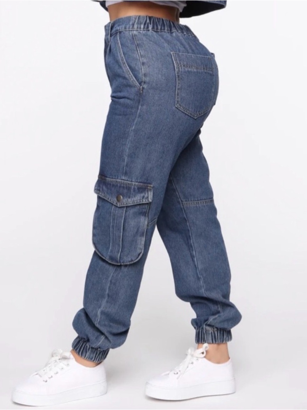Fashion Nova Blue Relaxed Cargo Denim Jeans with Elastic Cuffs - Picture 8 of 9